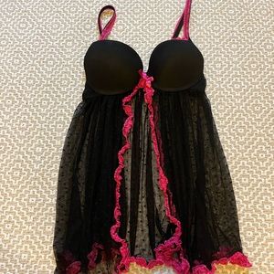 Hustler Flyaway Black Sheer Mesh Dot Babydoll with pink trim - small. EUC